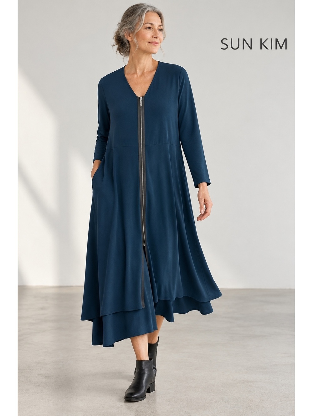 Sun Kim Blue Zipper Front Size XL Loose Fit Midi Dress Blue Lagenlook